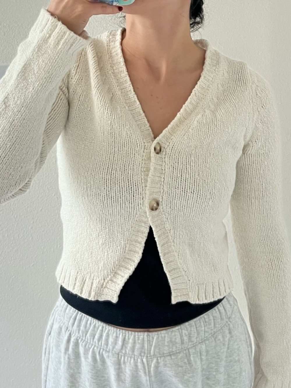 Abercrombie & Fitch Cream V-Neck Two-Button Knit Cardigan